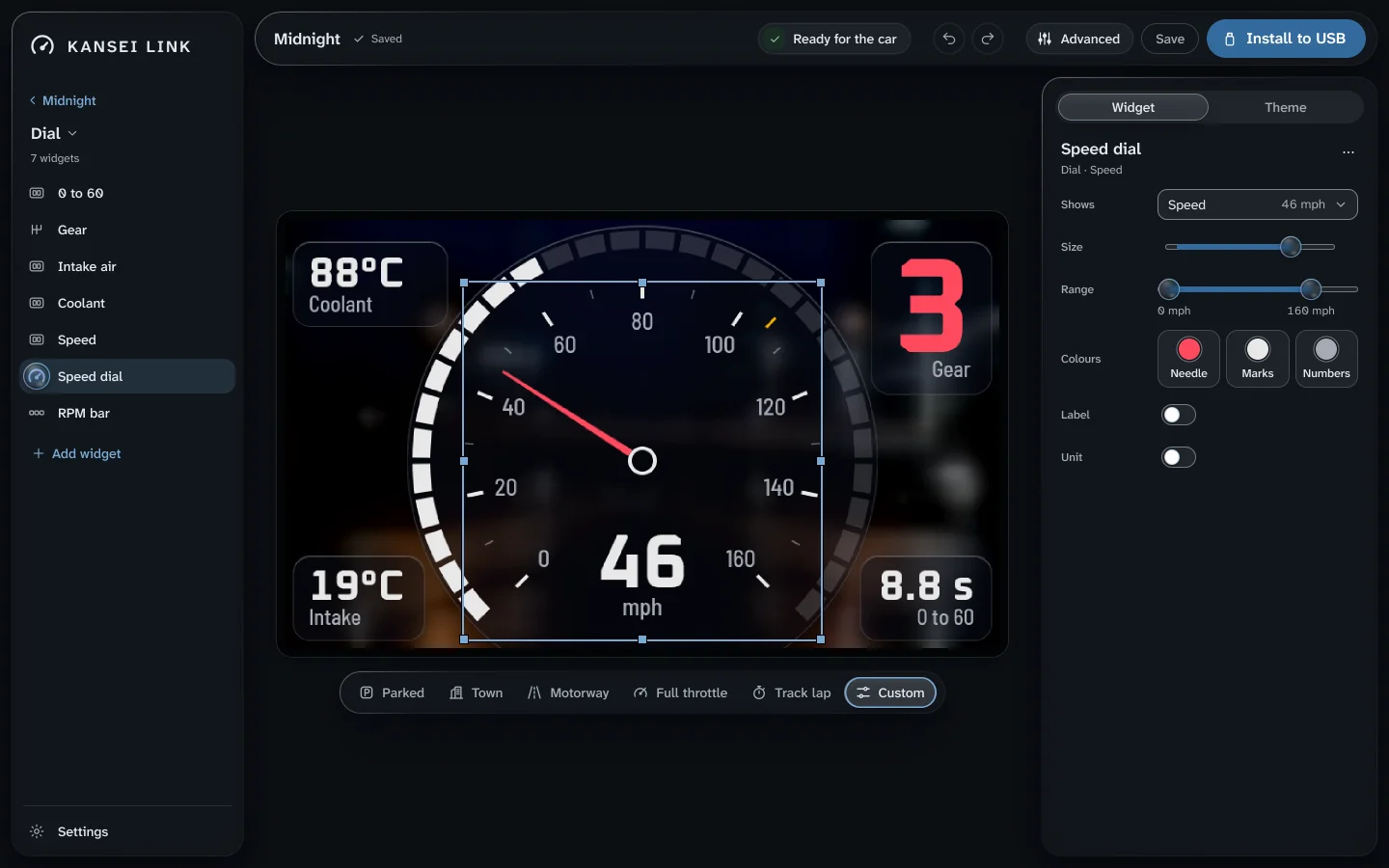 The Kansei Link designer on a PC, editing a dial layout: speed, gear, coolant and intake on the screen preview, the speed dial's settings beside it.
